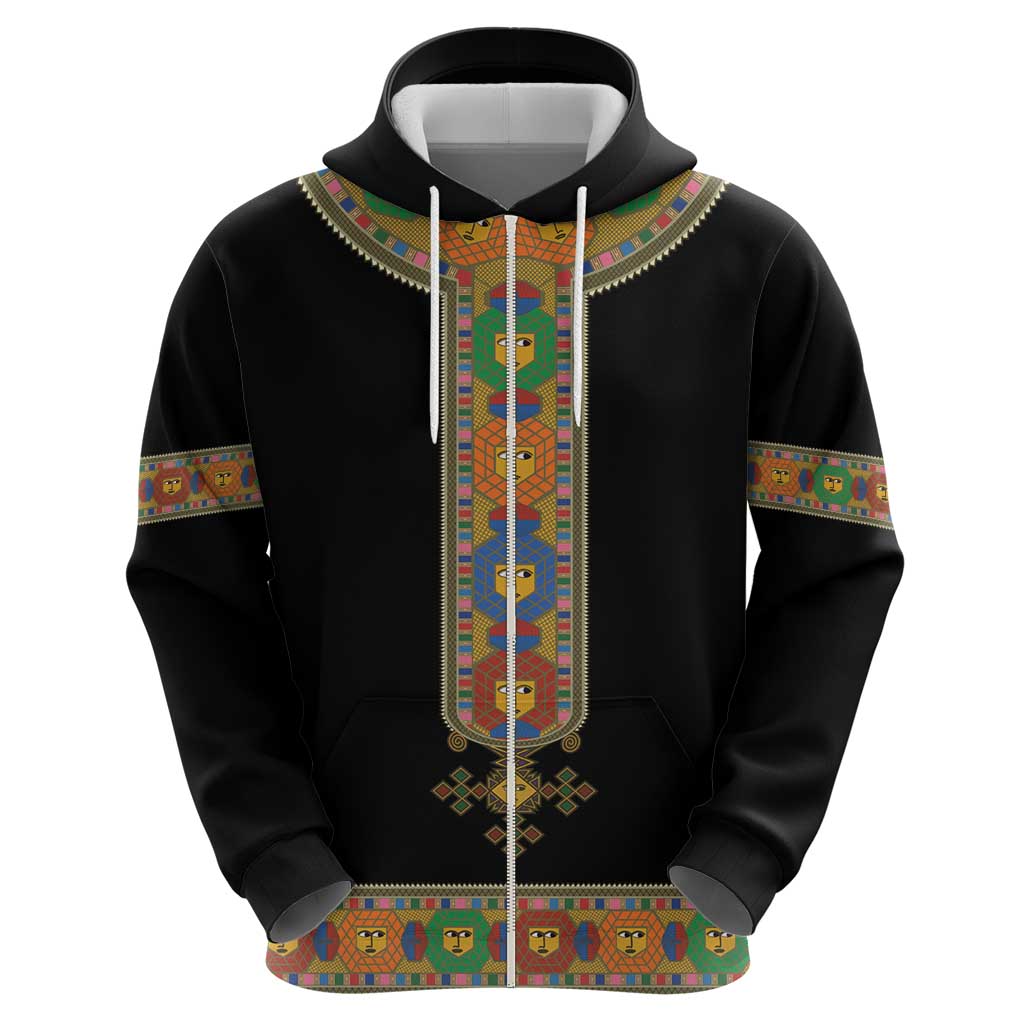 Ethiopia Saba Kemis Zip Hoodie Habesha Style Black Color