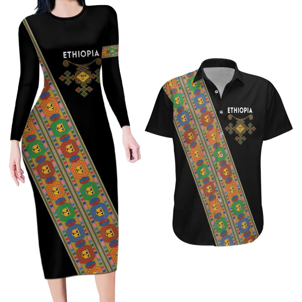 Ethiopia Saba Kemis Couples Matching Long Sleeve Bodycon Dress and Hawaiian Shirt Sash Style Black Color