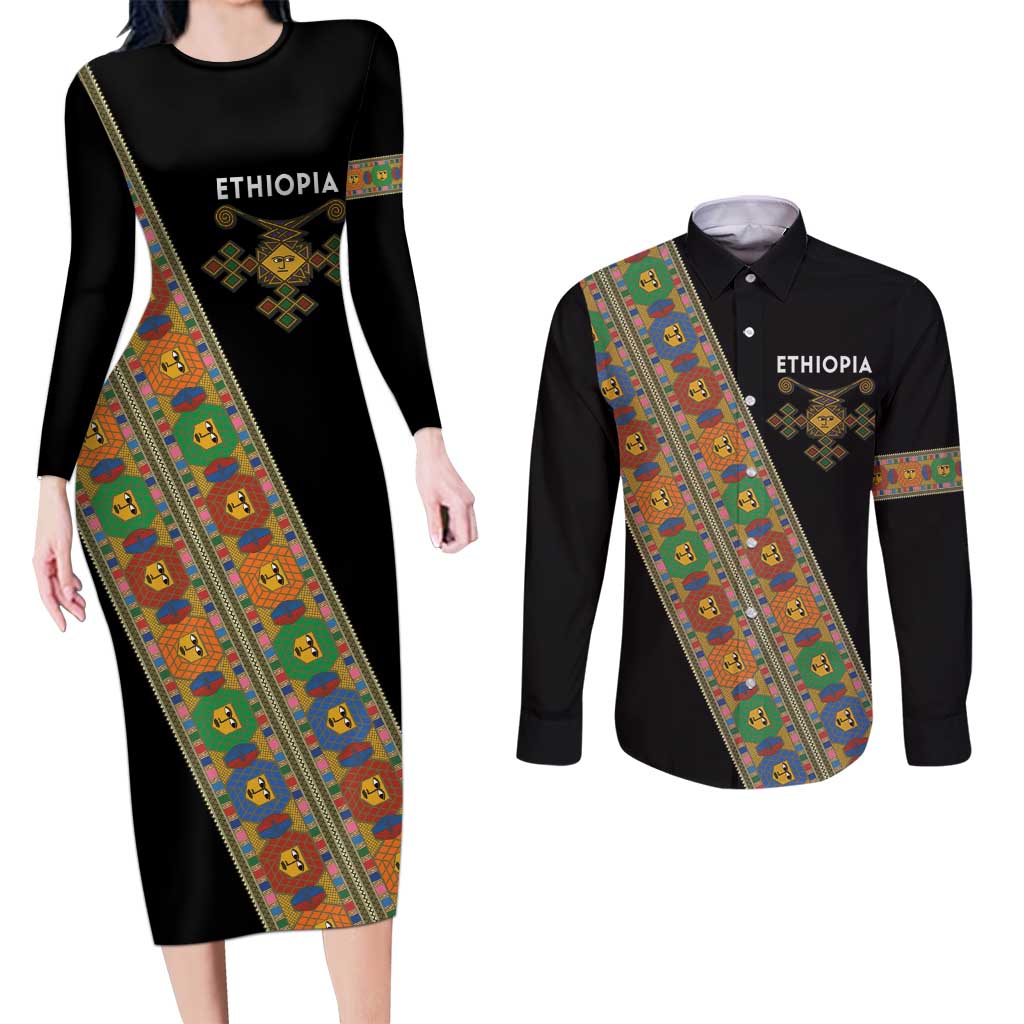 Ethiopia Saba Kemis Couples Matching Long Sleeve Bodycon Dress and Long Sleeve Button Shirt Sash Style Black Color