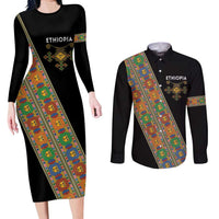 Ethiopia Saba Kemis Couples Matching Long Sleeve Bodycon Dress and Long Sleeve Button Shirt Sash Style Black Color