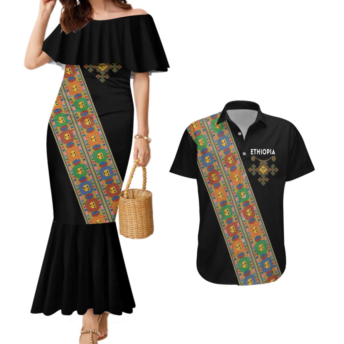 Ethiopia Saba Kemis Couples Matching Mermaid Dress and Hawaiian Shirt Sash Style Black Color