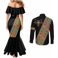 Ethiopia Saba Kemis Couples Matching Mermaid Dress and Long Sleeve Button Shirt Sash Style Black Color