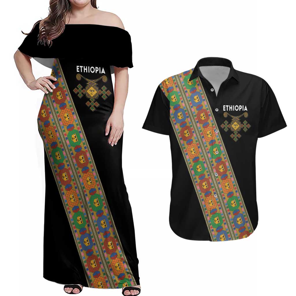 Ethiopia Saba Kemis Couples Matching Off Shoulder Maxi Dress and Hawaiian Shirt Sash Style Black Color