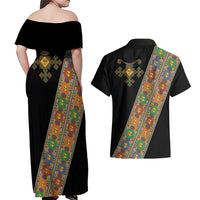 Ethiopia Saba Kemis Couples Matching Off Shoulder Maxi Dress and Hawaiian Shirt Sash Style Black Color