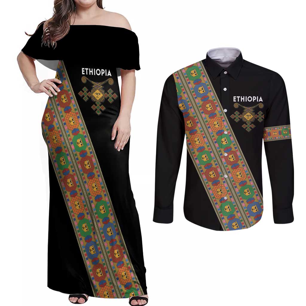 Ethiopia Saba Kemis Couples Matching Off Shoulder Maxi Dress and Long Sleeve Button Shirt Sash Style Black Color