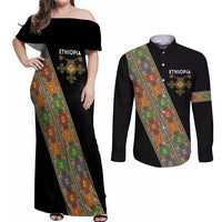 Ethiopia Saba Kemis Couples Matching Off Shoulder Maxi Dress and Long Sleeve Button Shirt Sash Style Black Color