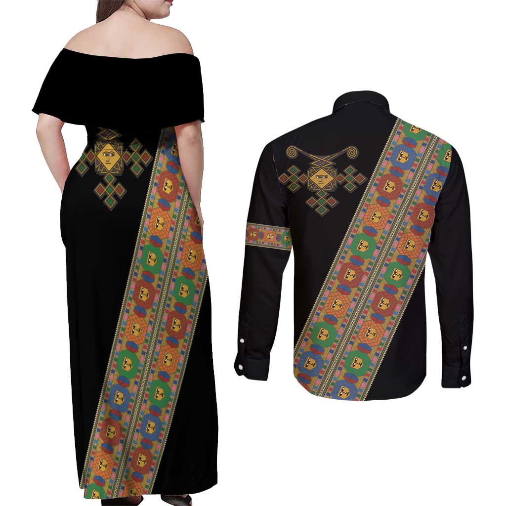 Ethiopia Saba Kemis Couples Matching Off Shoulder Maxi Dress and Long Sleeve Button Shirt Sash Style Black Color