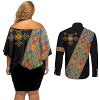 Ethiopia Saba Kemis Couples Matching Off Shoulder Short Dress and Long Sleeve Button Shirt Sash Style Black Color