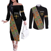 Ethiopia Saba Kemis Couples Matching Off The Shoulder Long Sleeve Dress and Long Sleeve Button Shirt Sash Style Black Color