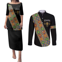 Ethiopia Saba Kemis Couples Matching Puletasi and Long Sleeve Button Shirt Sash Style Black Color