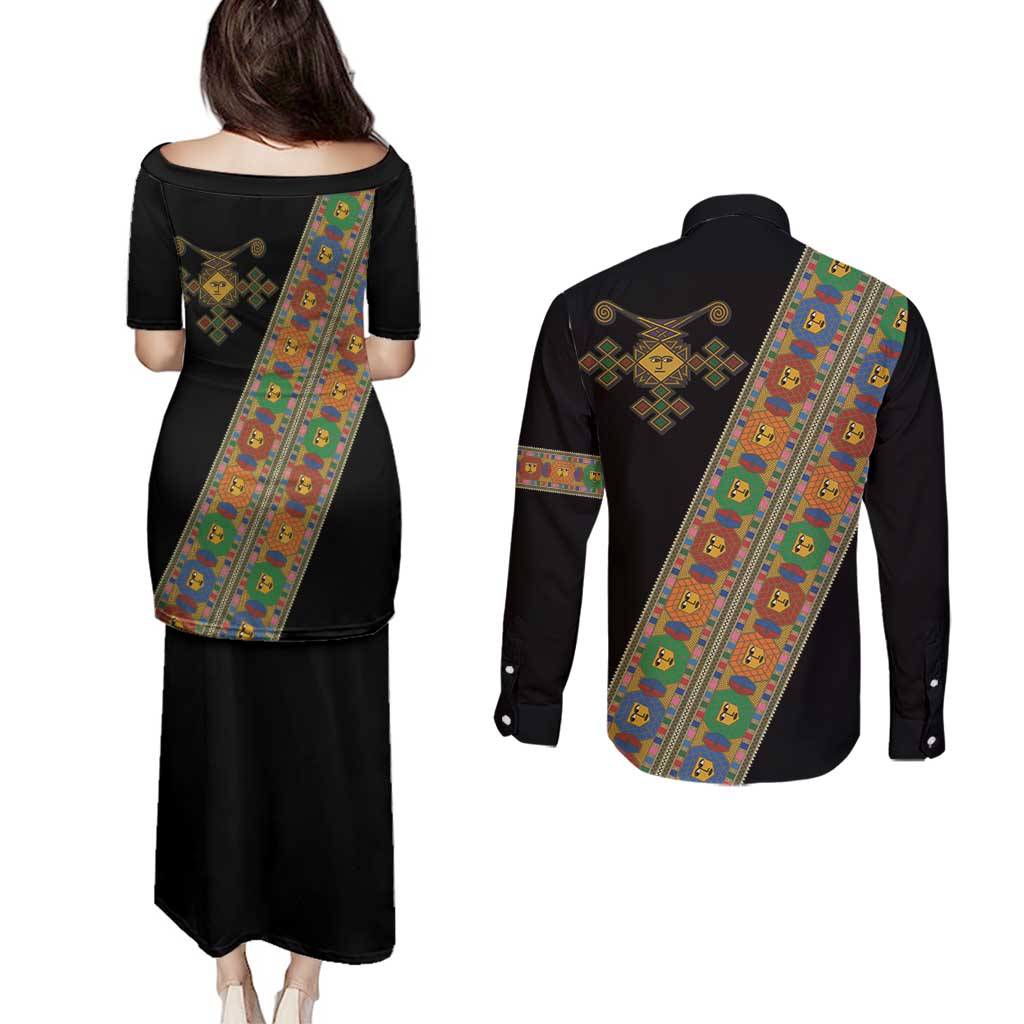 Ethiopia Saba Kemis Couples Matching Puletasi and Long Sleeve Button Shirt Sash Style Black Color
