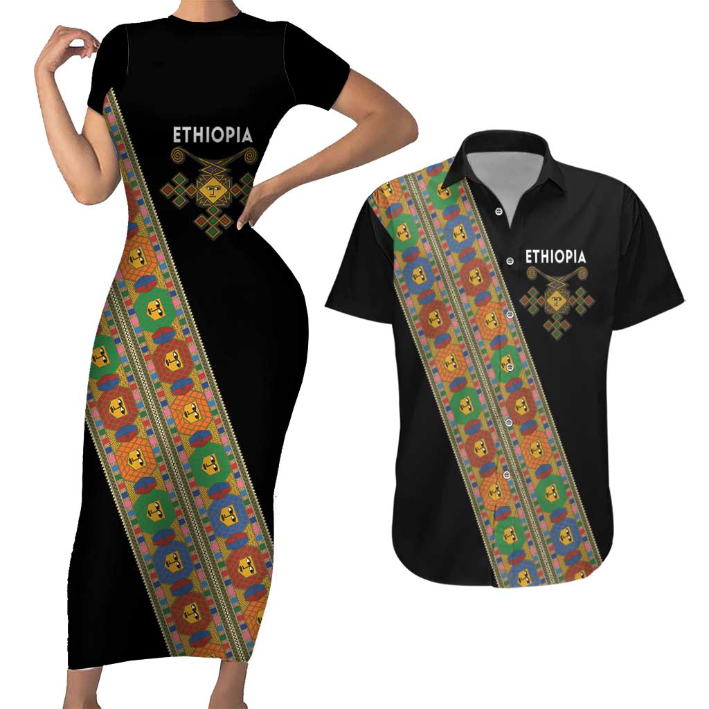 Ethiopia Saba Kemis Couples Matching Short Sleeve Bodycon Dress and Hawaiian Shirt Sash Style Black Color