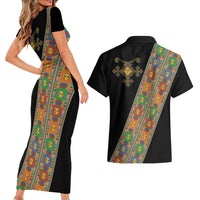 Ethiopia Saba Kemis Couples Matching Short Sleeve Bodycon Dress and Hawaiian Shirt Sash Style Black Color