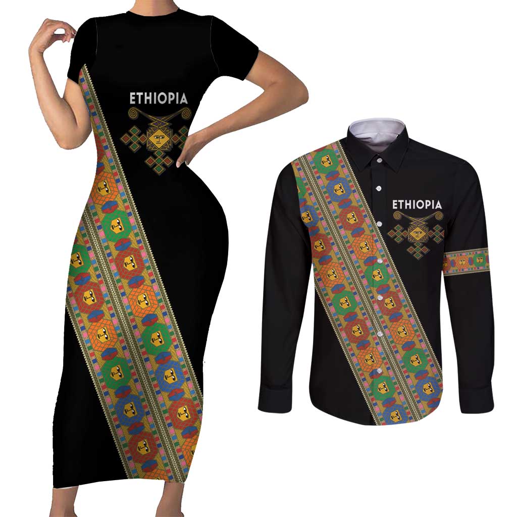 Ethiopia Saba Kemis Couples Matching Short Sleeve Bodycon Dress and Long Sleeve Button Shirt Sash Style Black Color