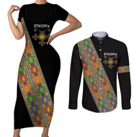 Ethiopia Saba Kemis Couples Matching Short Sleeve Bodycon Dress and Long Sleeve Button Shirt Sash Style Black Color