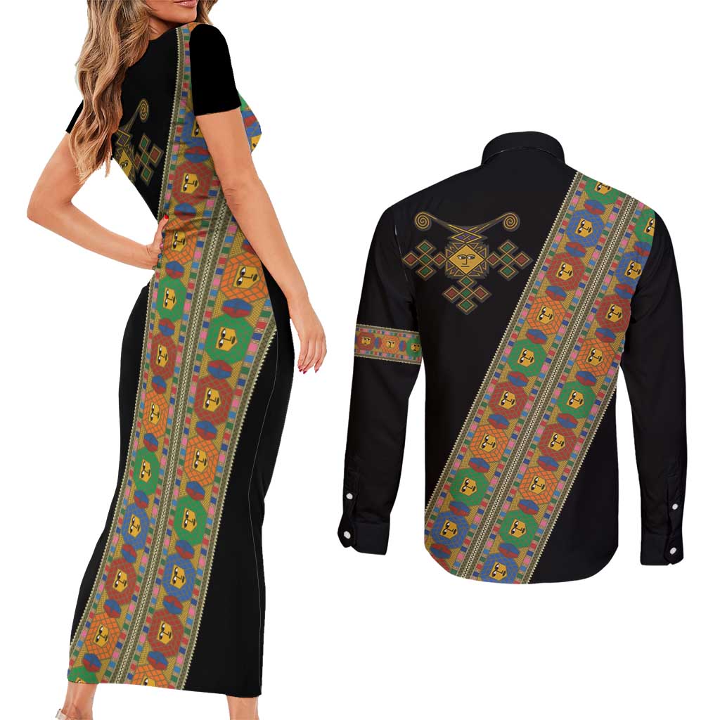 Ethiopia Saba Kemis Couples Matching Short Sleeve Bodycon Dress and Long Sleeve Button Shirt Sash Style Black Color