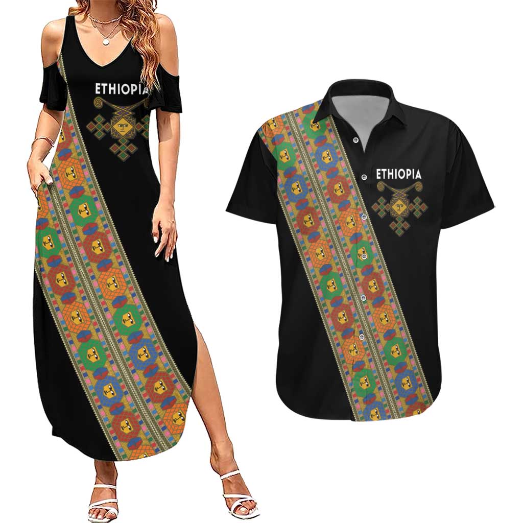 Ethiopia Saba Kemis Couples Matching Summer Maxi Dress and Hawaiian Shirt Sash Style Black Color