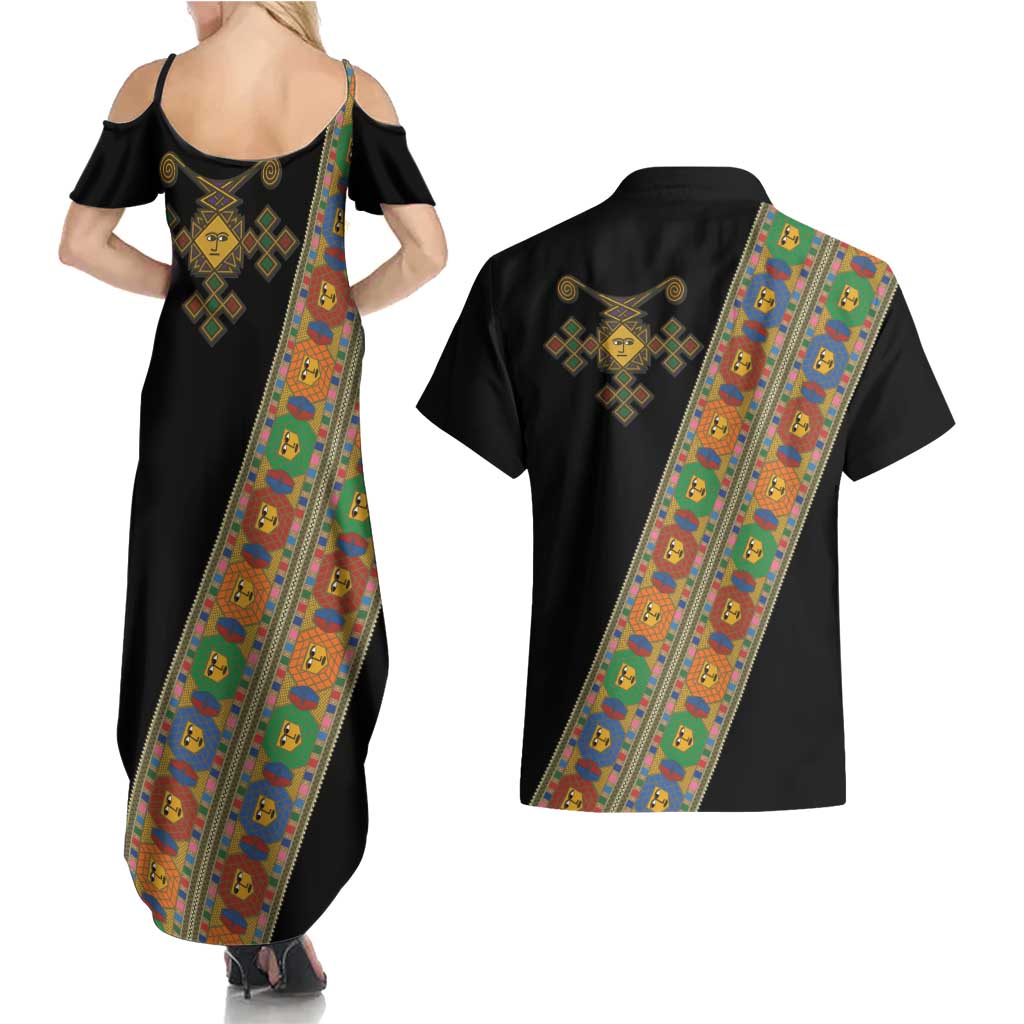 Ethiopia Saba Kemis Couples Matching Summer Maxi Dress and Hawaiian Shirt Sash Style Black Color