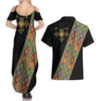 Ethiopia Saba Kemis Couples Matching Summer Maxi Dress and Hawaiian Shirt Sash Style Black Color