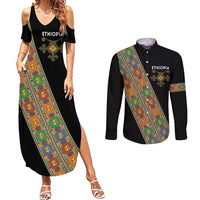 Ethiopia Saba Kemis Couples Matching Summer Maxi Dress and Long Sleeve Button Shirt Sash Style Black Color