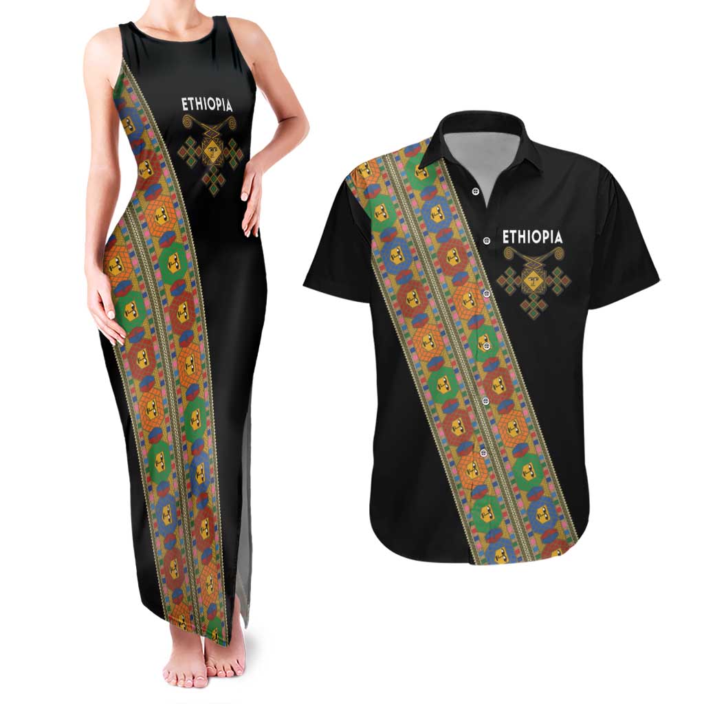Ethiopia Saba Kemis Couples Matching Tank Maxi Dress and Hawaiian Shirt Sash Style Black Color