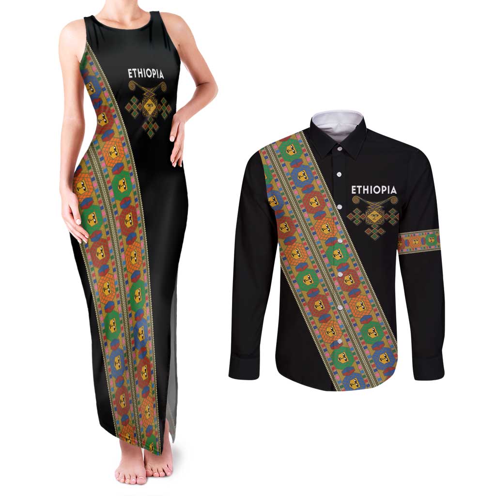 Ethiopia Saba Kemis Couples Matching Tank Maxi Dress and Long Sleeve Button Shirt Sash Style Black Color