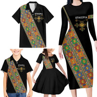 Ethiopia Saba Kemis Family Matching Long Sleeve Bodycon Dress and Hawaiian Shirt Sash Style Black Color
