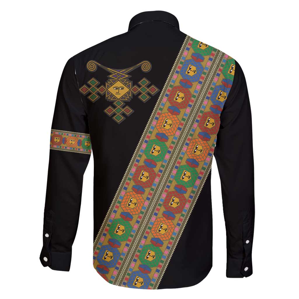 Ethiopia Saba Kemis Family Matching Long Sleeve Bodycon Dress and Hawaiian Shirt Sash Style Black Color