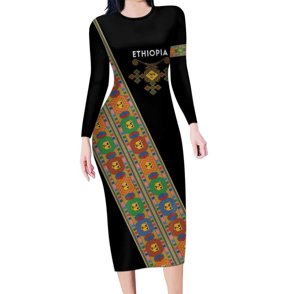 Ethiopia Saba Kemis Family Matching Long Sleeve Bodycon Dress and Hawaiian Shirt Sash Style Black Color