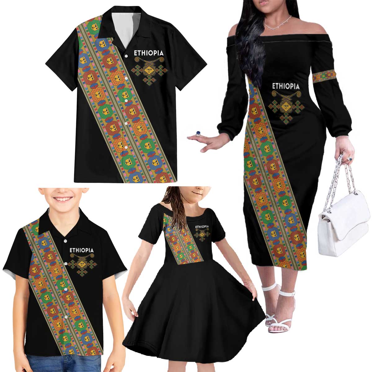 Ethiopia Saba Kemis Family Matching Off The Shoulder Long Sleeve Dress and Hawaiian Shirt Sash Style Black Color