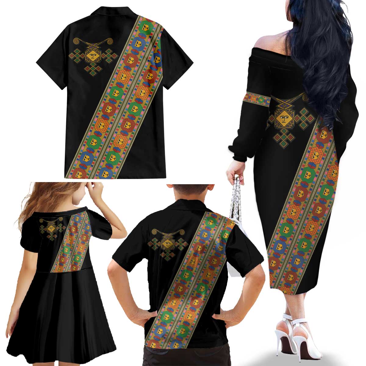 Ethiopia Saba Kemis Family Matching Off The Shoulder Long Sleeve Dress and Hawaiian Shirt Sash Style Black Color