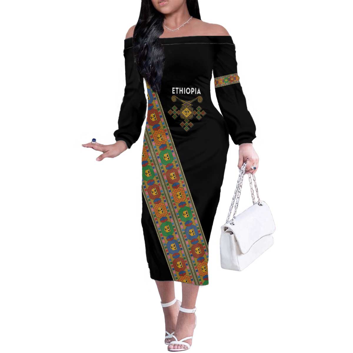 Ethiopia Saba Kemis Family Matching Off The Shoulder Long Sleeve Dress and Hawaiian Shirt Sash Style Black Color