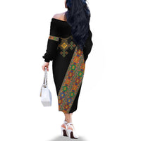 Ethiopia Saba Kemis Family Matching Off The Shoulder Long Sleeve Dress and Hawaiian Shirt Sash Style Black Color