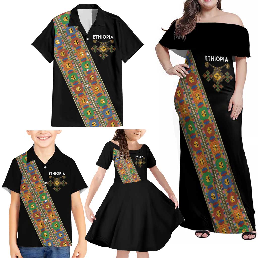 Ethiopia Saba Kemis Family Matching Off Shoulder Maxi Dress and Hawaiian Shirt Sash Style Black Color
