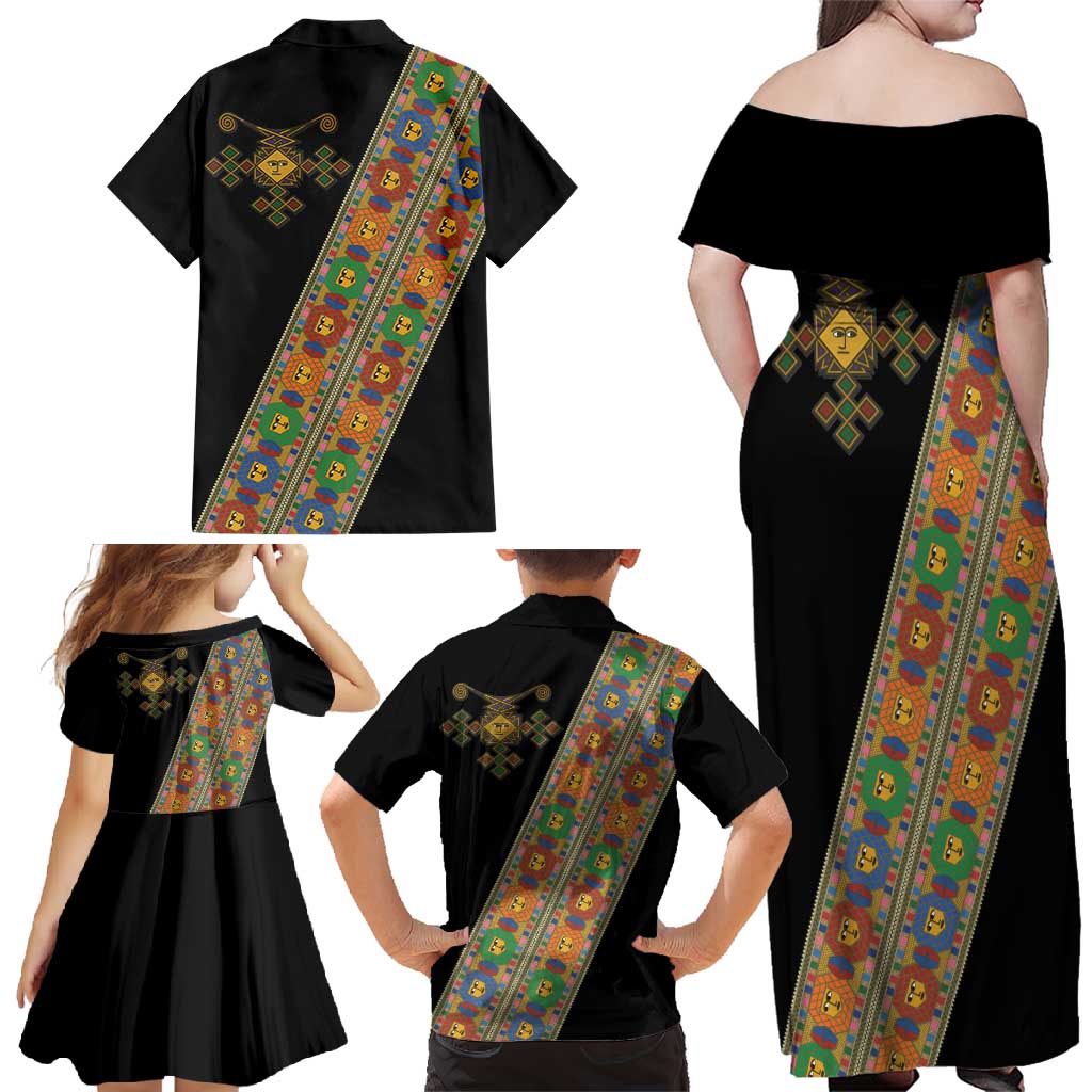 Ethiopia Saba Kemis Family Matching Off Shoulder Maxi Dress and Hawaiian Shirt Sash Style Black Color