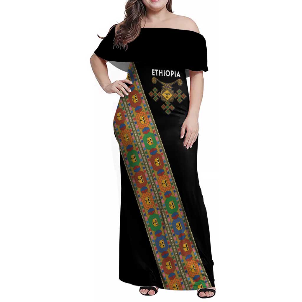 Ethiopia Saba Kemis Family Matching Off Shoulder Maxi Dress and Hawaiian Shirt Sash Style Black Color