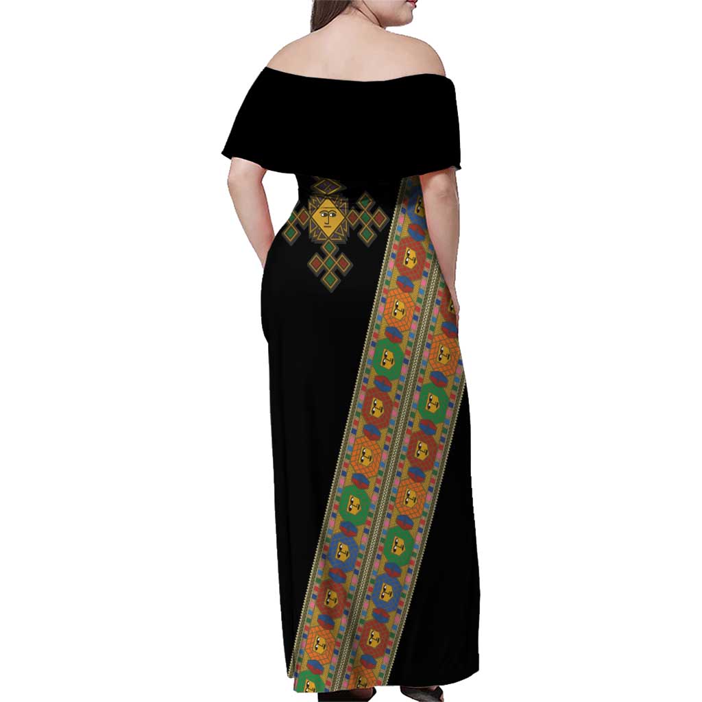 Ethiopia Saba Kemis Family Matching Off Shoulder Maxi Dress and Hawaiian Shirt Sash Style Black Color