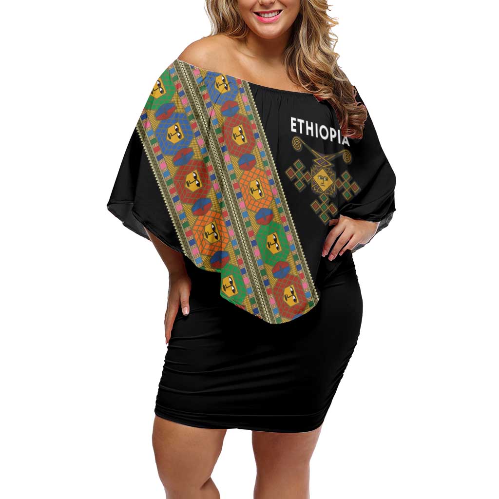 Ethiopia Saba Kemis Family Matching Off Shoulder Short Dress and Hawaiian Shirt Sash Style Black Color