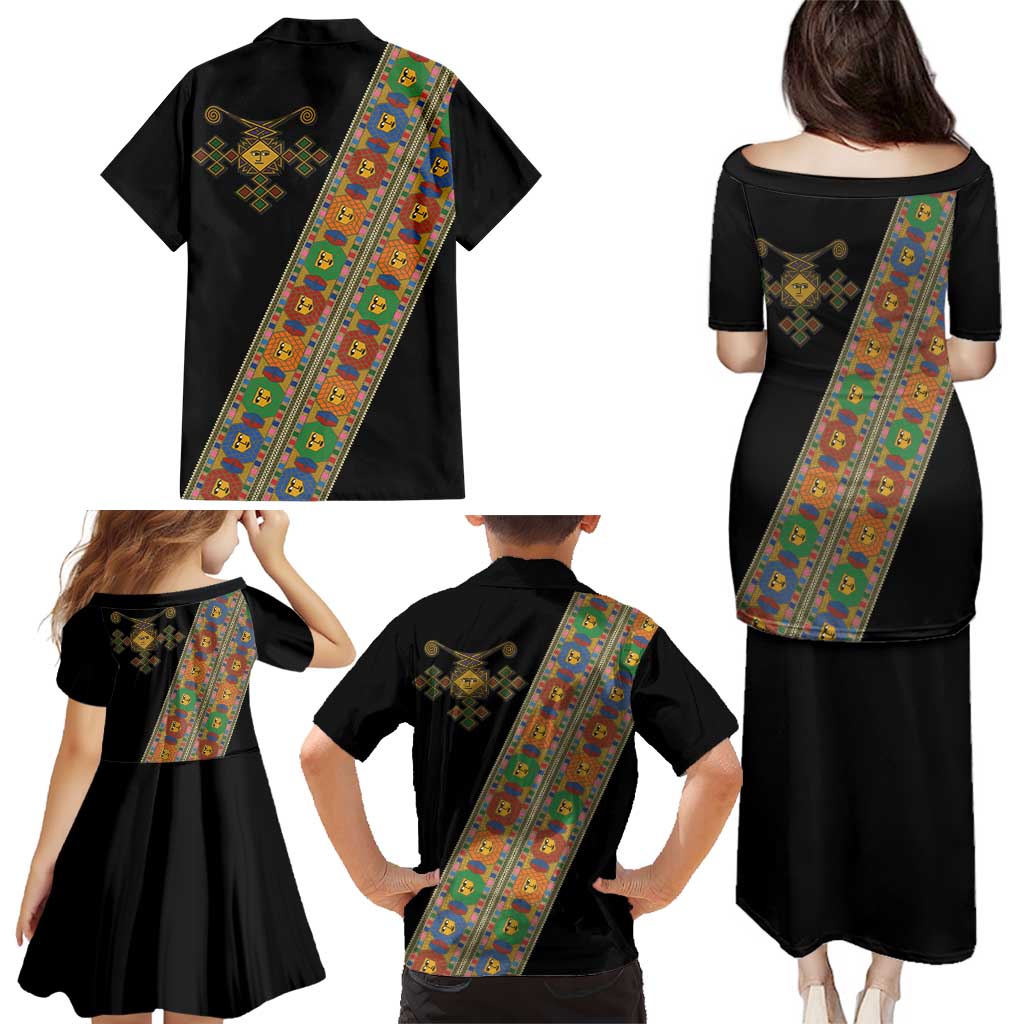 Ethiopia Saba Kemis Family Matching Puletasi and Hawaiian Shirt Sash Style Black Color