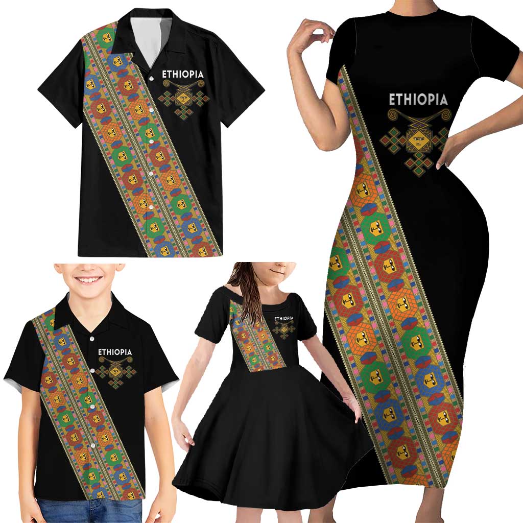 Ethiopia Saba Kemis Family Matching Short Sleeve Bodycon Dress and Hawaiian Shirt Sash Style Black Color