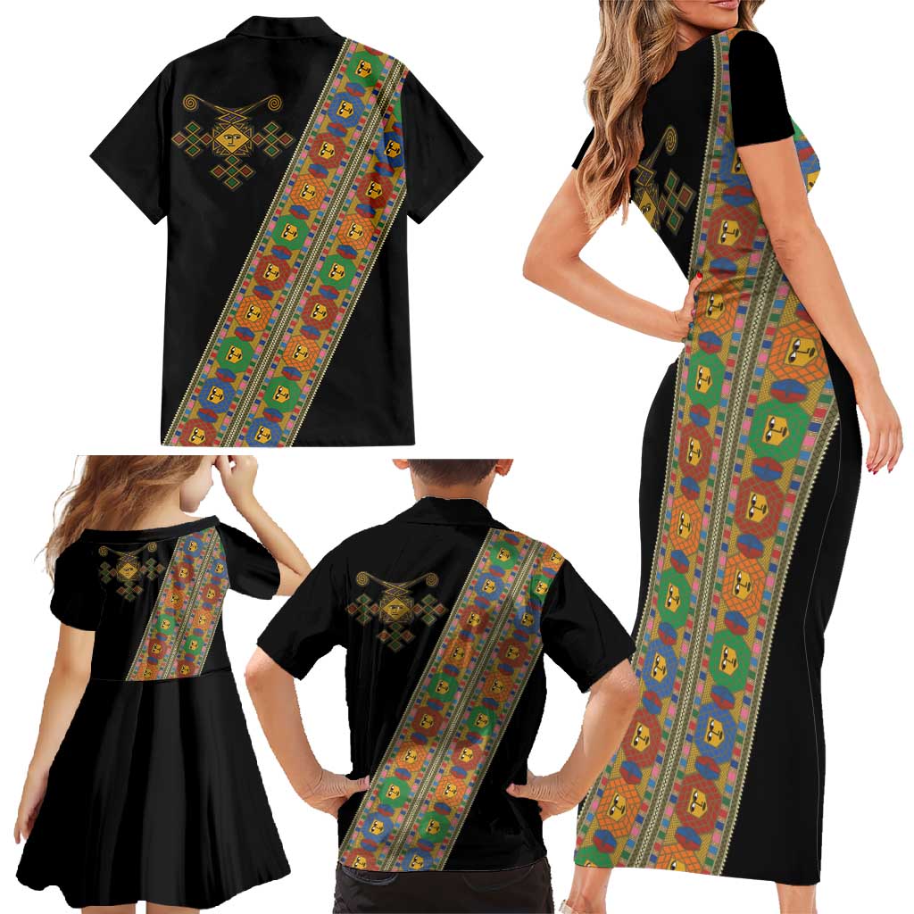 Ethiopia Saba Kemis Family Matching Short Sleeve Bodycon Dress and Hawaiian Shirt Sash Style Black Color