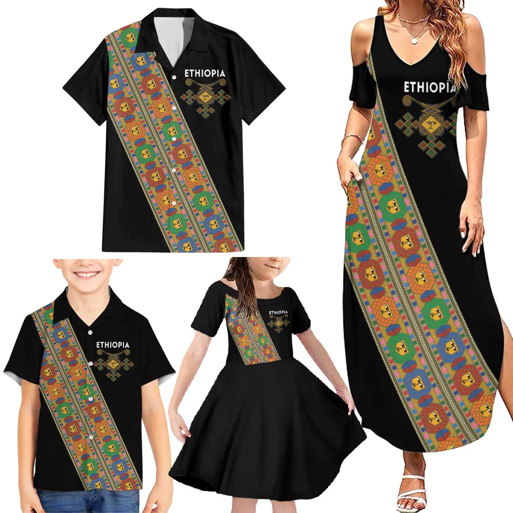 Ethiopia Saba Kemis Family Matching Summer Maxi Dress and Hawaiian Shirt Sash Style Black Color