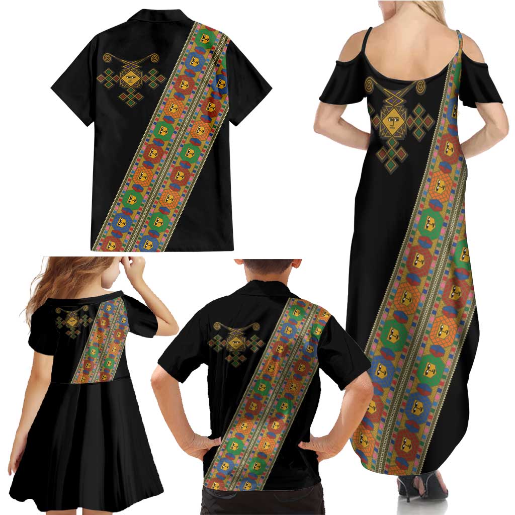 Ethiopia Saba Kemis Family Matching Summer Maxi Dress and Hawaiian Shirt Sash Style Black Color