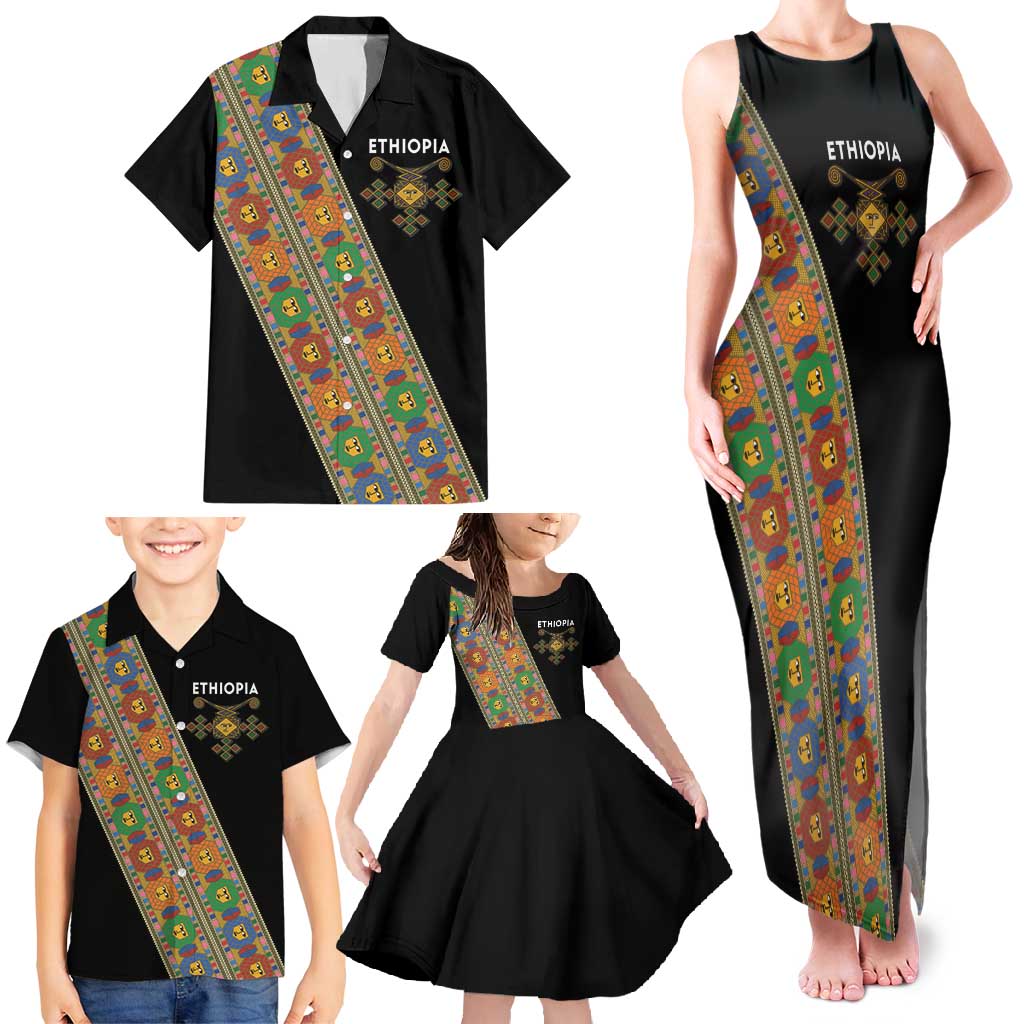 Ethiopia Saba Kemis Family Matching Tank Maxi Dress and Hawaiian Shirt Sash Style Black Color