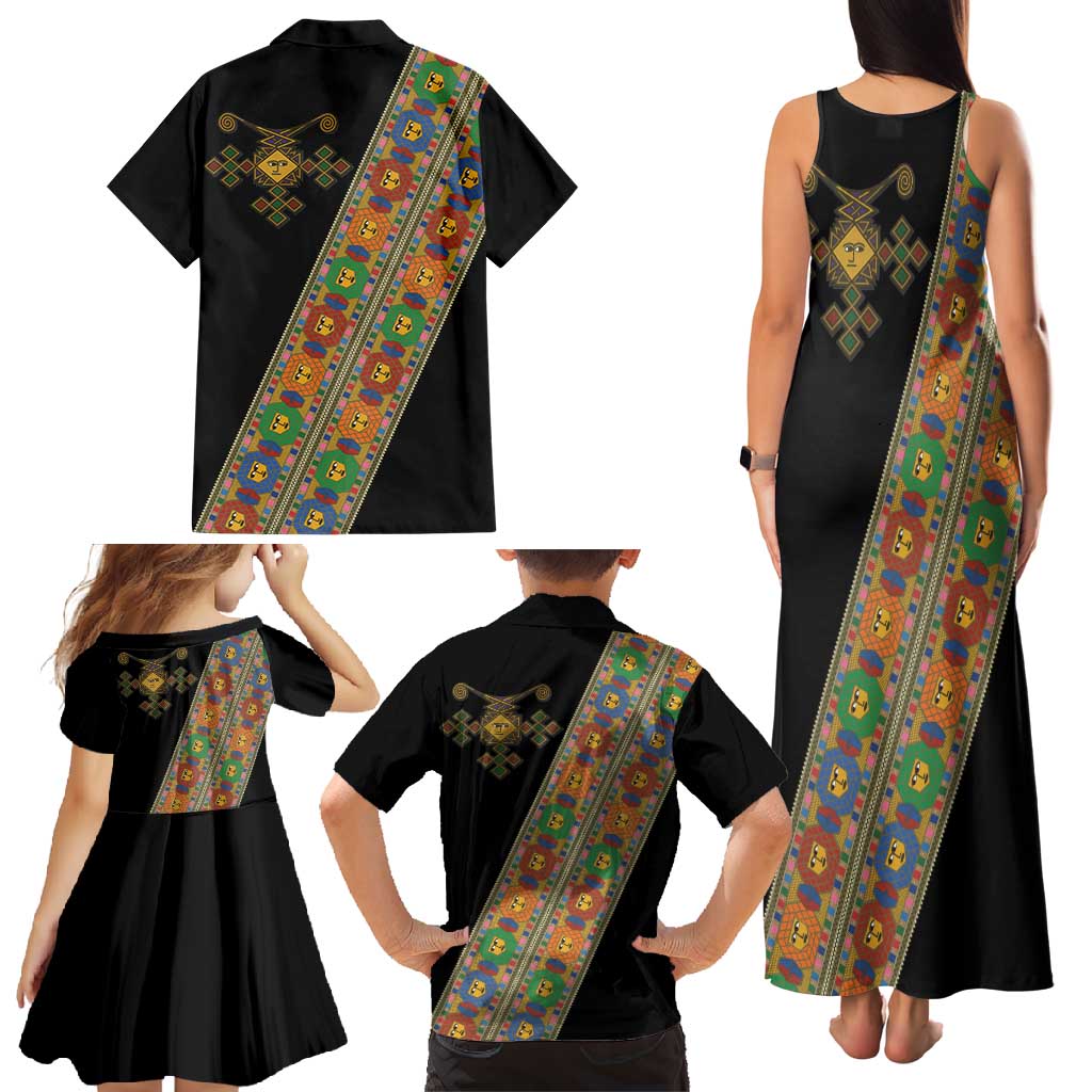 Ethiopia Saba Kemis Family Matching Tank Maxi Dress and Hawaiian Shirt Sash Style Black Color