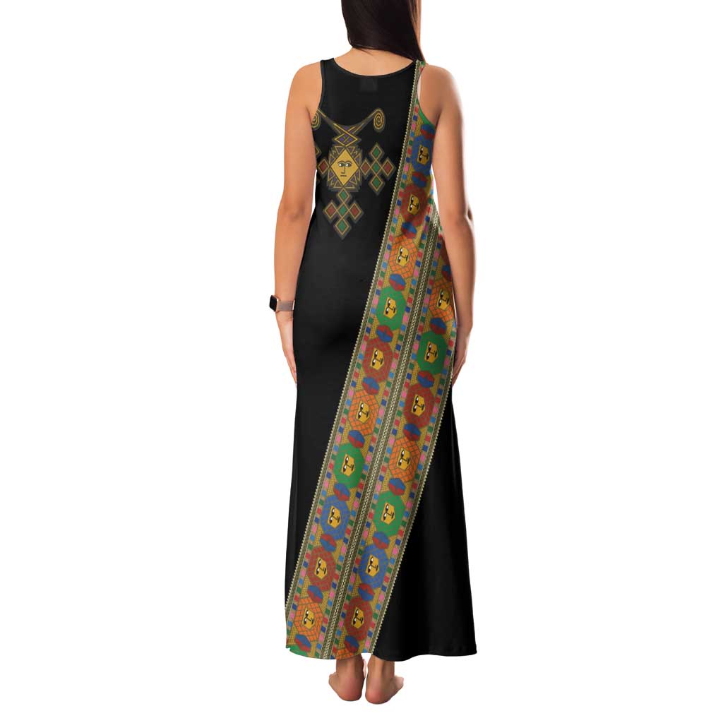 Ethiopia Saba Kemis Family Matching Tank Maxi Dress and Hawaiian Shirt Sash Style Black Color
