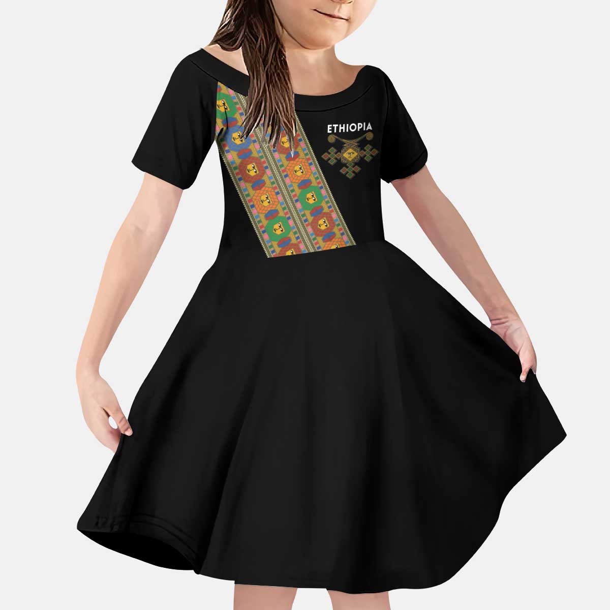 Ethiopia Saba Kemis Kid Short Sleeve Dress Sash Style Black Color