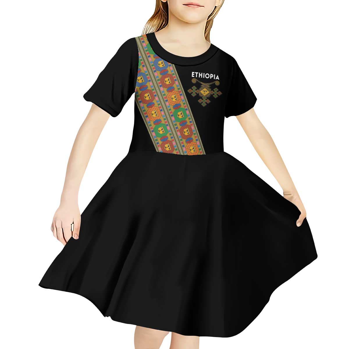 Ethiopia Saba Kemis Kid Short Sleeve Dress Sash Style Black Color