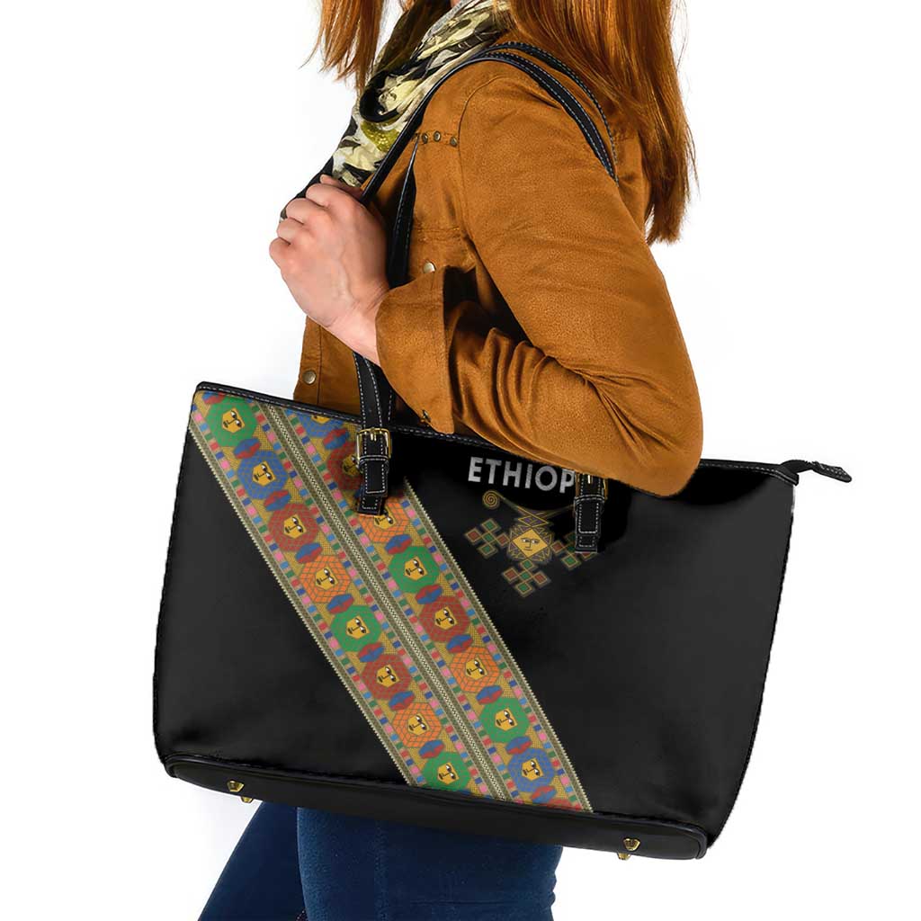 Ethiopia Saba Kemis Leather Tote Bag Sash Style Black Color