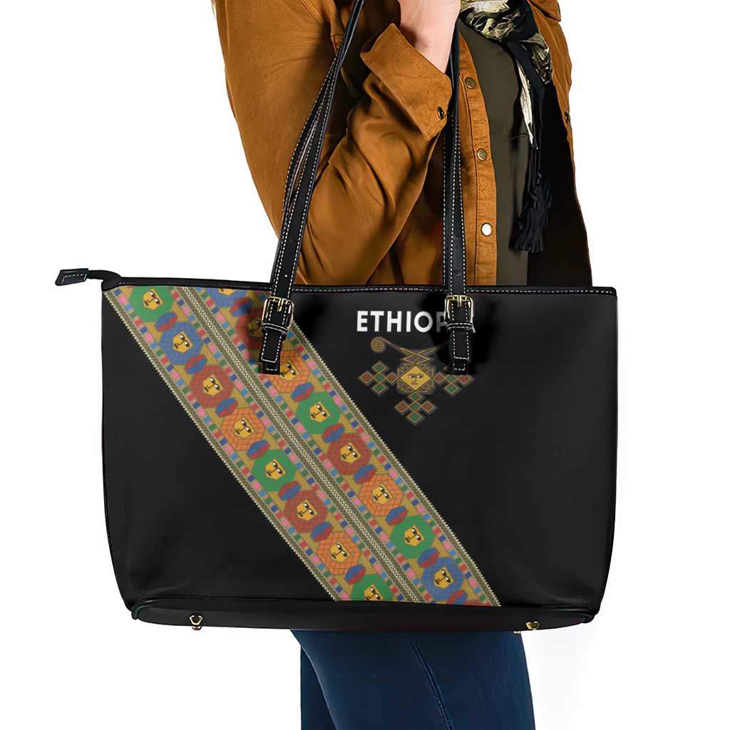 Ethiopia Saba Kemis Leather Tote Bag Sash Style Black Color